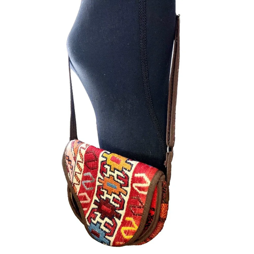 Vintage 80s 90s Southwestern Leather Turkish Kilim Bag Cross Body Boho Purse